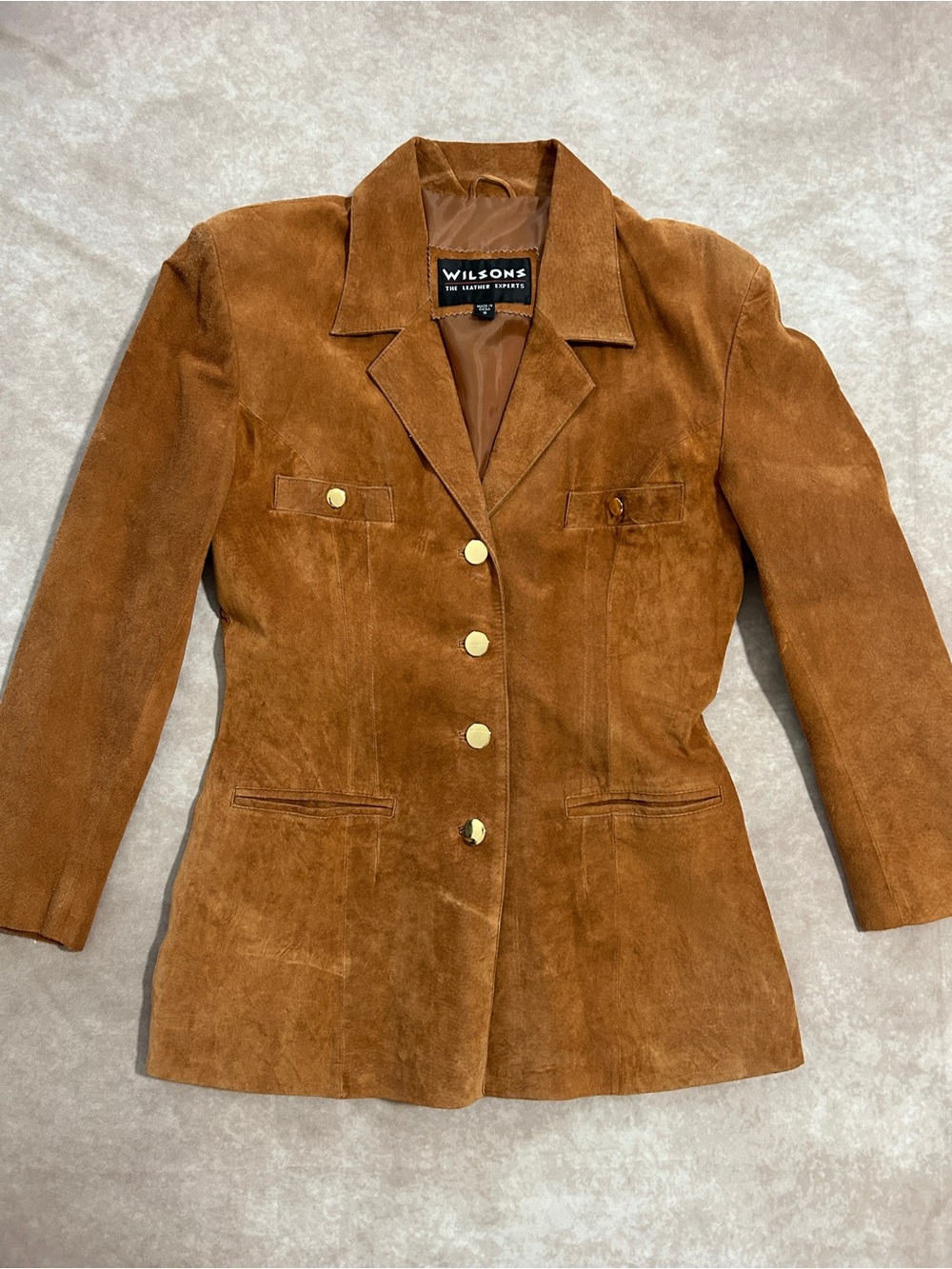 Vintage Wilsons 100% Leather Chestnut Suede Tailored Blazer Jacket Gold Buttons - Picture 2 of 6